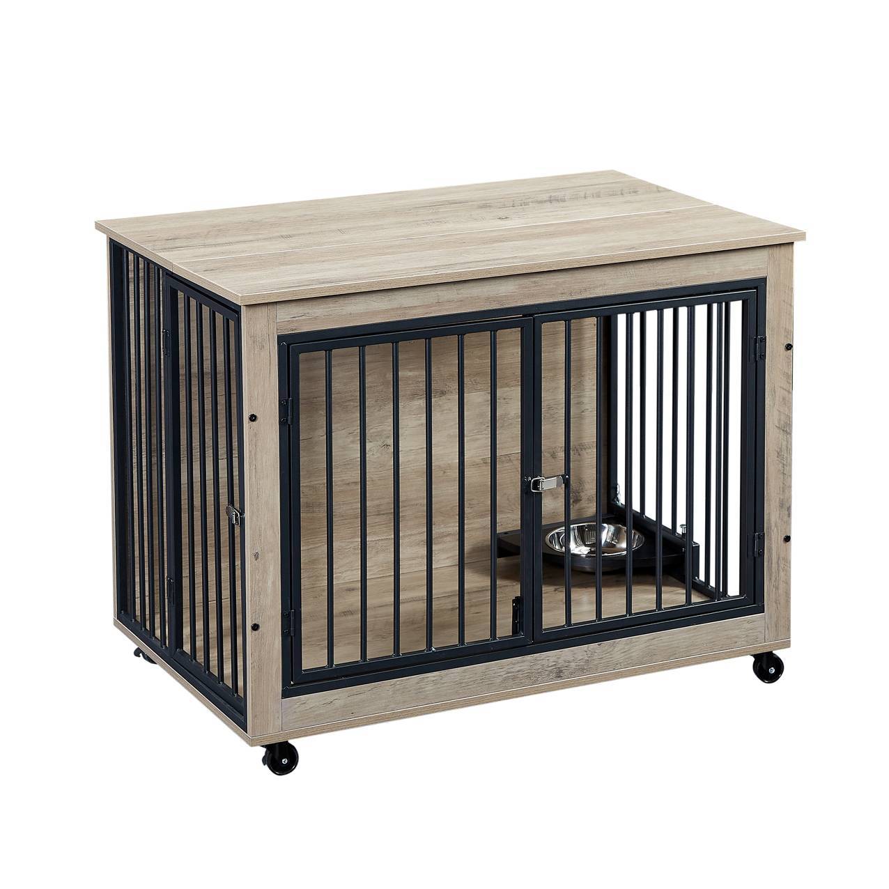 Dog Crate Side Table With Rotatable Feeding Bowl Three Doors Flip-Up Top Opening