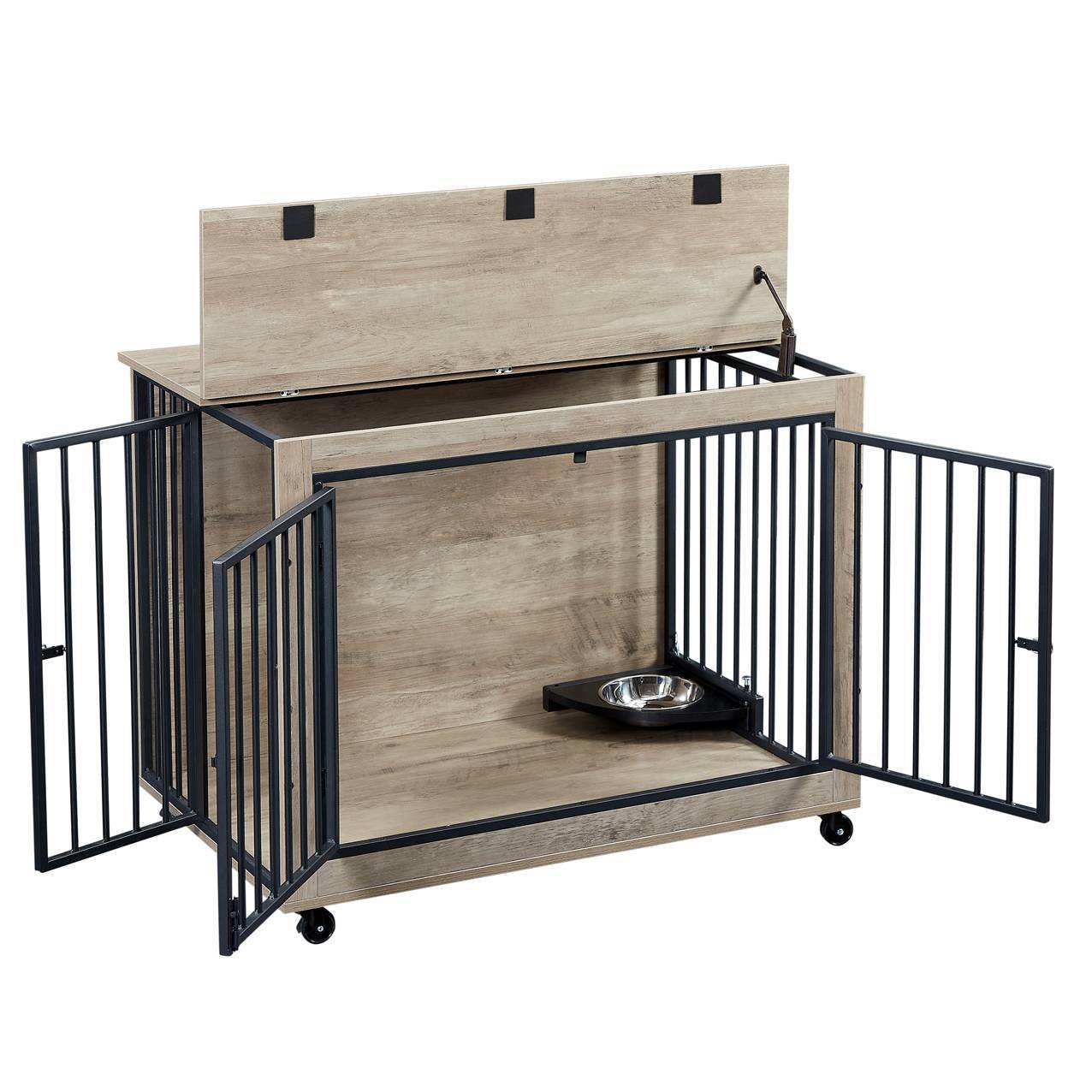 Dog Crate Side Table With Rotatable Feeding Bowl Three Doors Flip-Up Top Opening