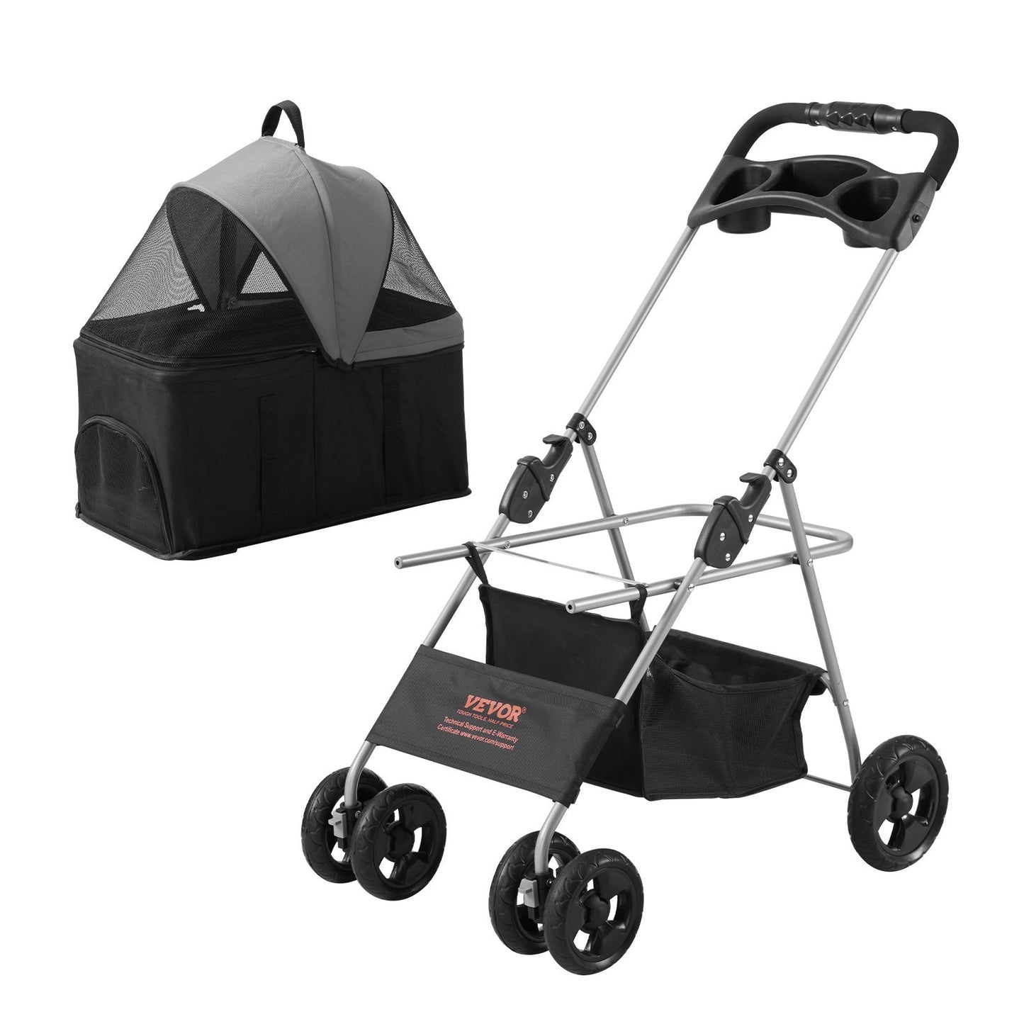 VEVOR Pet Stroller, 4 Wheels Dog Stroller Rotate With Brakes, 35lbs Weight Capacity, Puppy Stroller With Detachable Carrier, Storage Basket And Cup Holder, For Dogs Travel, Black Dark Grey