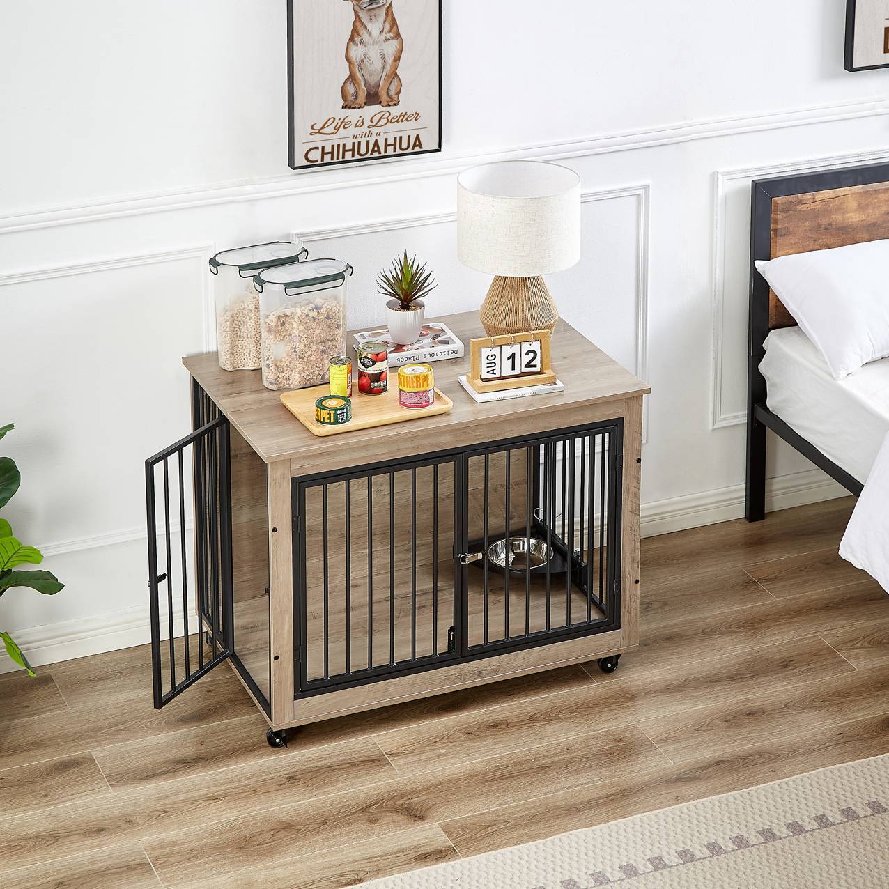 Dog Crate Side Table With Rotatable Feeding Bowl Three Doors Flip-Up Top Opening