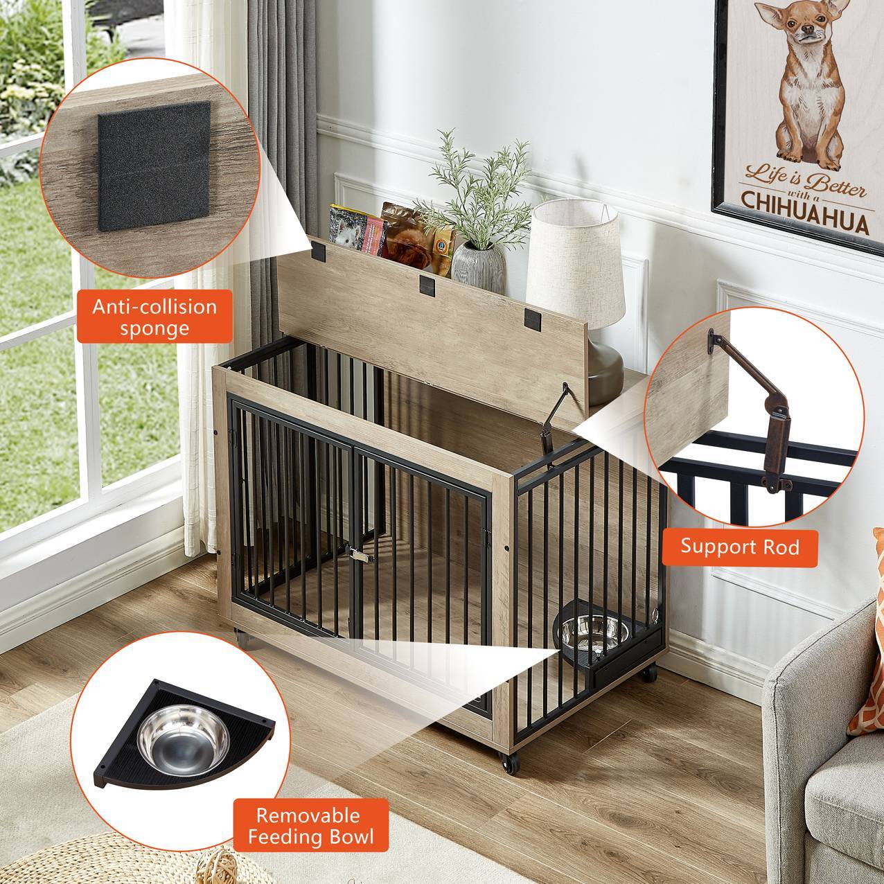 Dog Crate Side Table With Rotatable Feeding Bowl Three Doors Flip-Up Top Opening