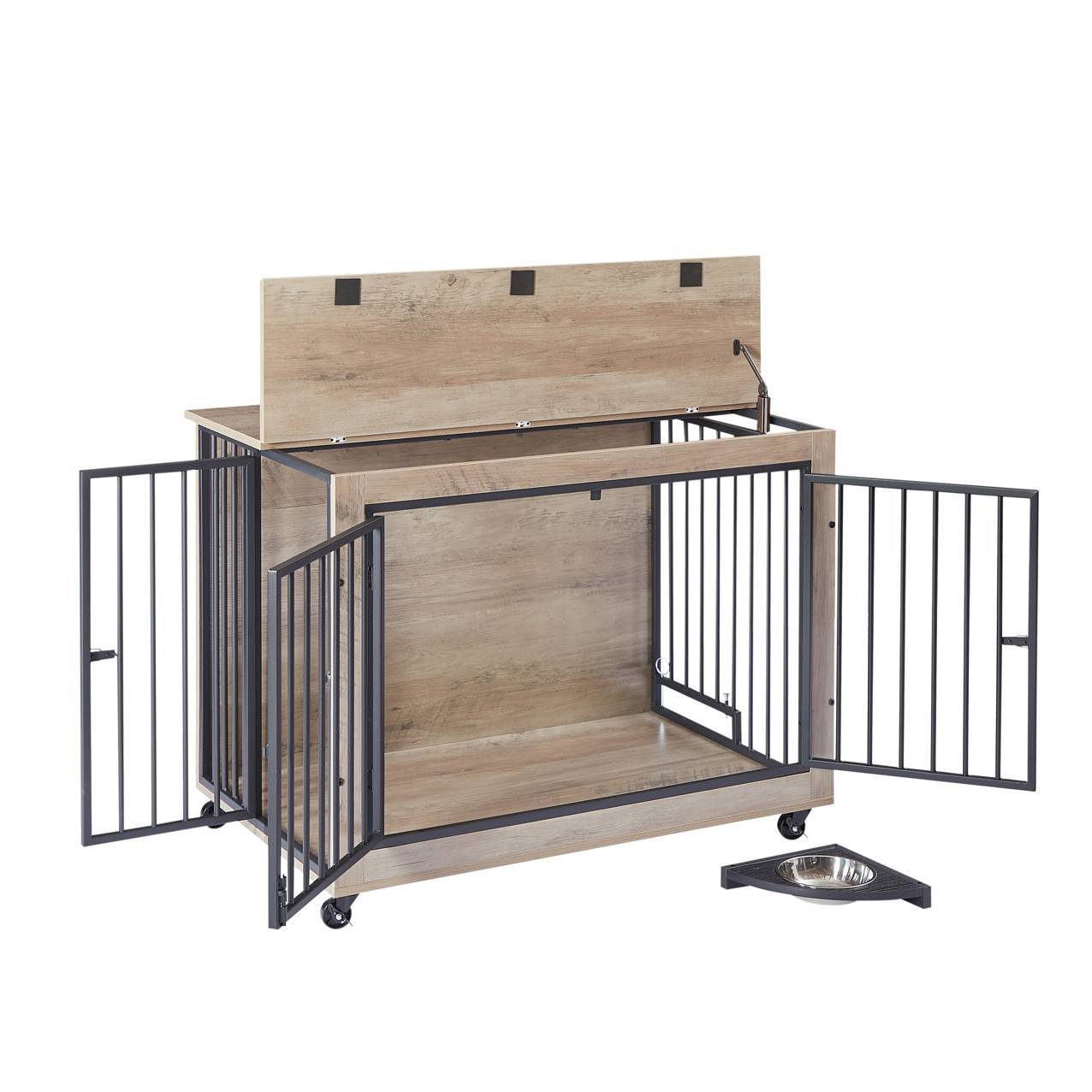 Dog Crate Side Table With Rotatable Feeding Bowl Three Doors Flip-Up Top Opening