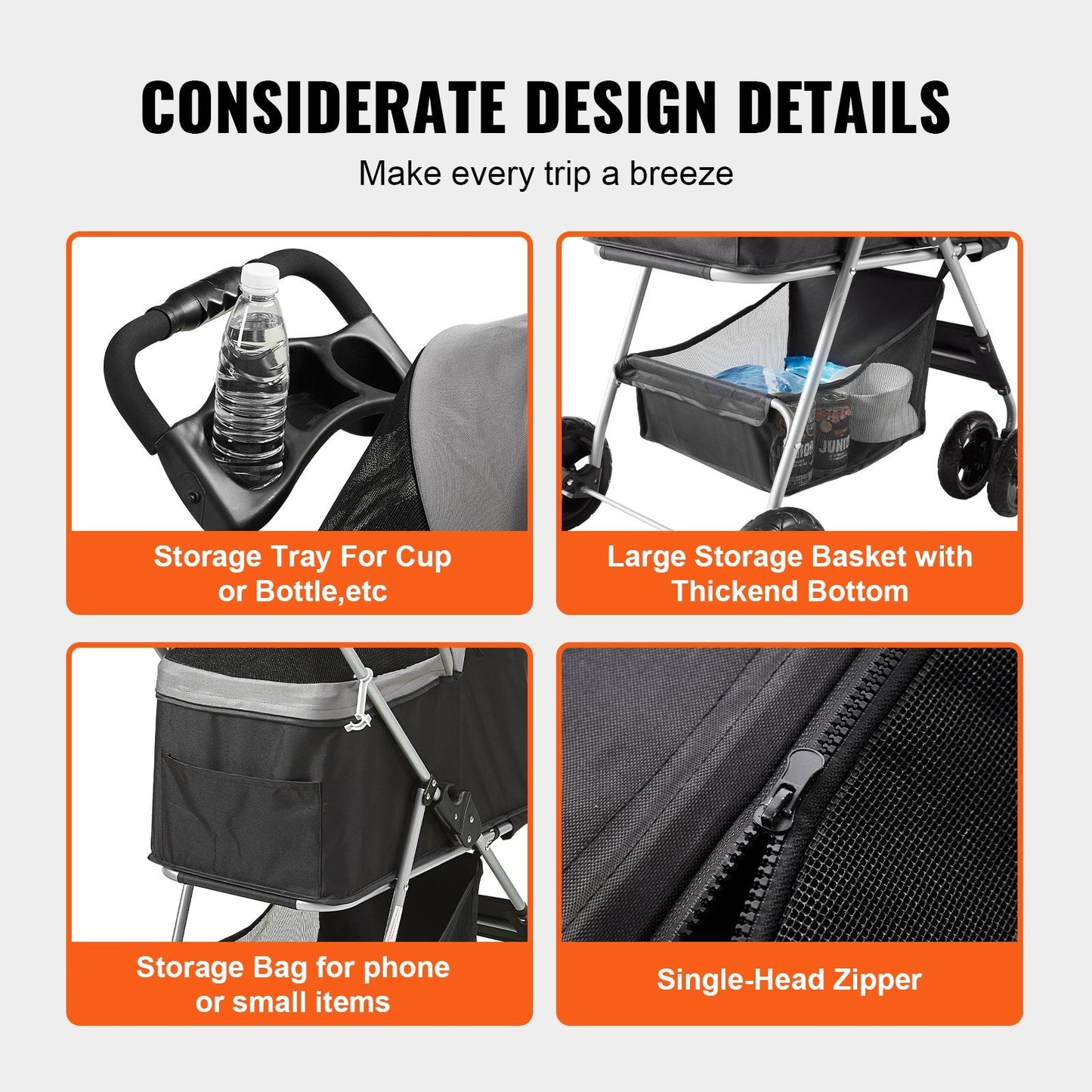 VEVOR Pet Stroller, 4 Wheels Dog Stroller Rotate With Brakes, 35lbs Weight Capacity, Puppy Stroller With Detachable Carrier, Storage Basket And Cup Holder, For Dogs Travel, Black Dark Grey