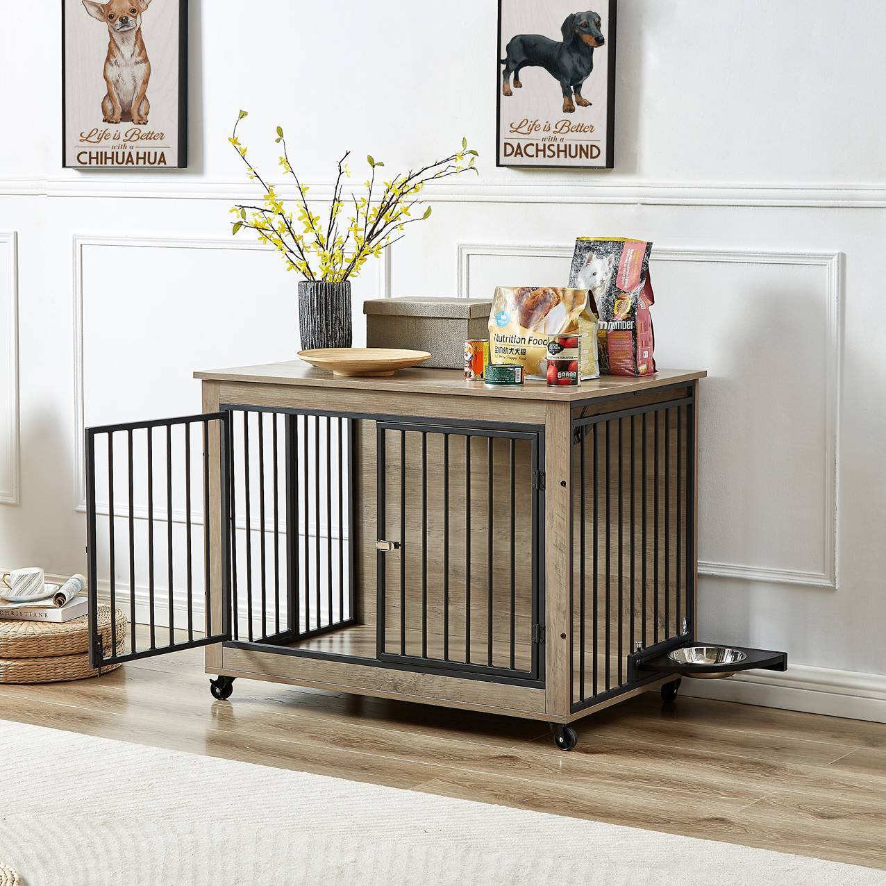 Dog Crate Side Table With Rotatable Feeding Bowl Three Doors Flip-Up Top Opening