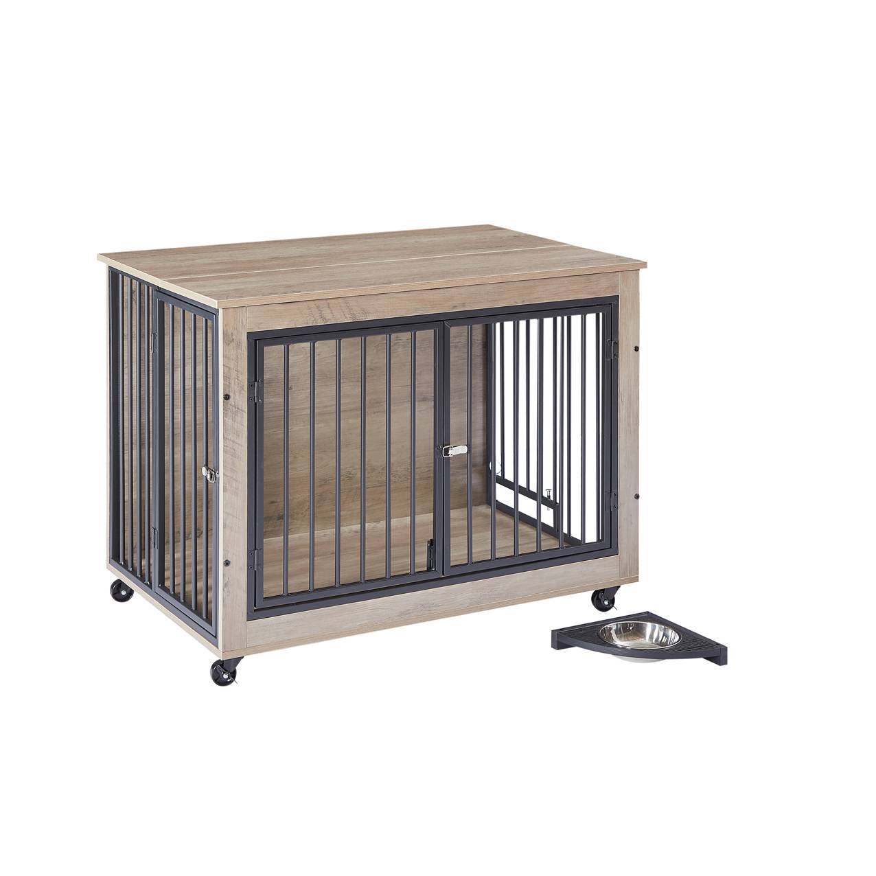 Dog Crate Side Table With Rotatable Feeding Bowl Three Doors Flip-Up Top Opening