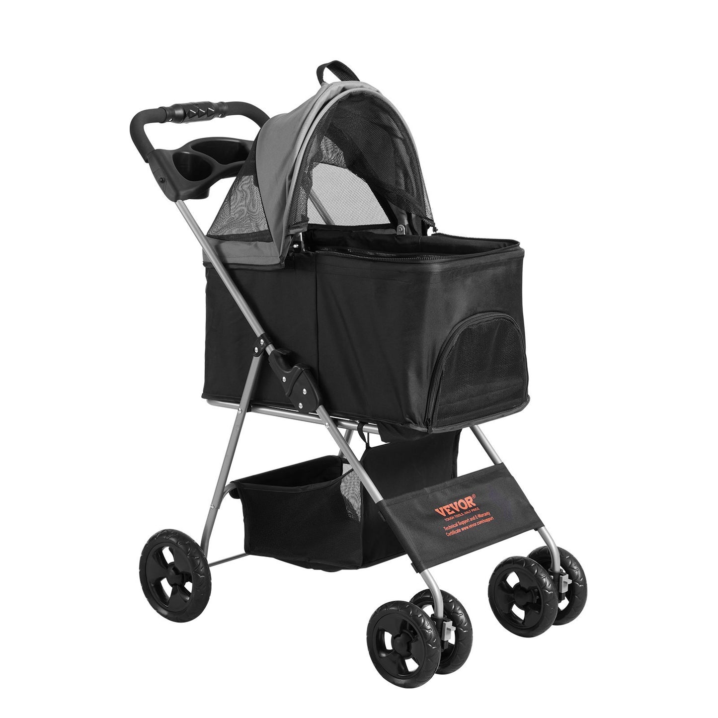 VEVOR Pet Stroller, 4 Wheels Dog Stroller Rotate With Brakes, 35lbs Weight Capacity, Puppy Stroller With Detachable Carrier, Storage Basket And Cup Holder, For Dogs Travel, Black Dark Grey