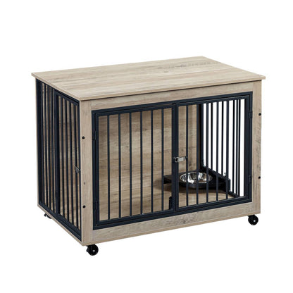 Dog Crate Side Table With Rotatable Feeding Bowl Three Doors Flip-Up Top Opening