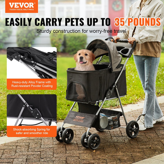 VEVOR Pet Stroller, 4 Wheels Dog Stroller Rotate With Brakes, 35lbs Weight Capacity, Puppy Stroller With Detachable Carrier, Storage Basket And Cup Holder, For Dogs Travel, Black Dark Grey