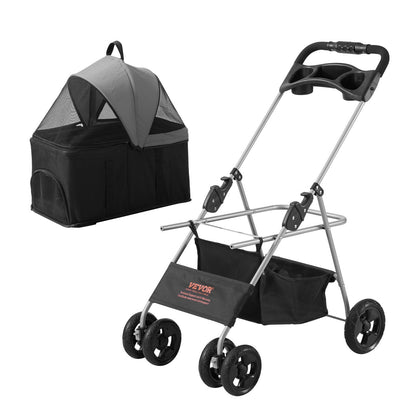 VEVOR Pet Stroller, 4 Wheels Dog Stroller Rotate With Brakes, 35lbs Weight Capacity, Puppy Stroller With Detachable Carrier, Storage Basket And Cup Holder, For Dogs Travel, Black Dark Grey