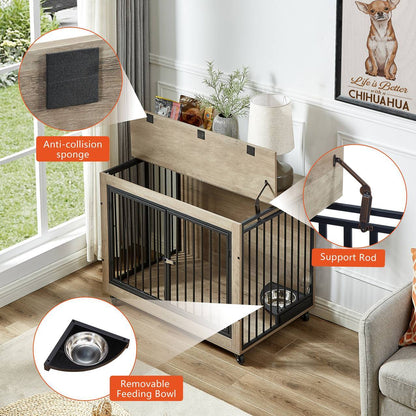 Dog Crate Side Table With Rotatable Feeding Bowl Three Doors Flip-Up Top Opening