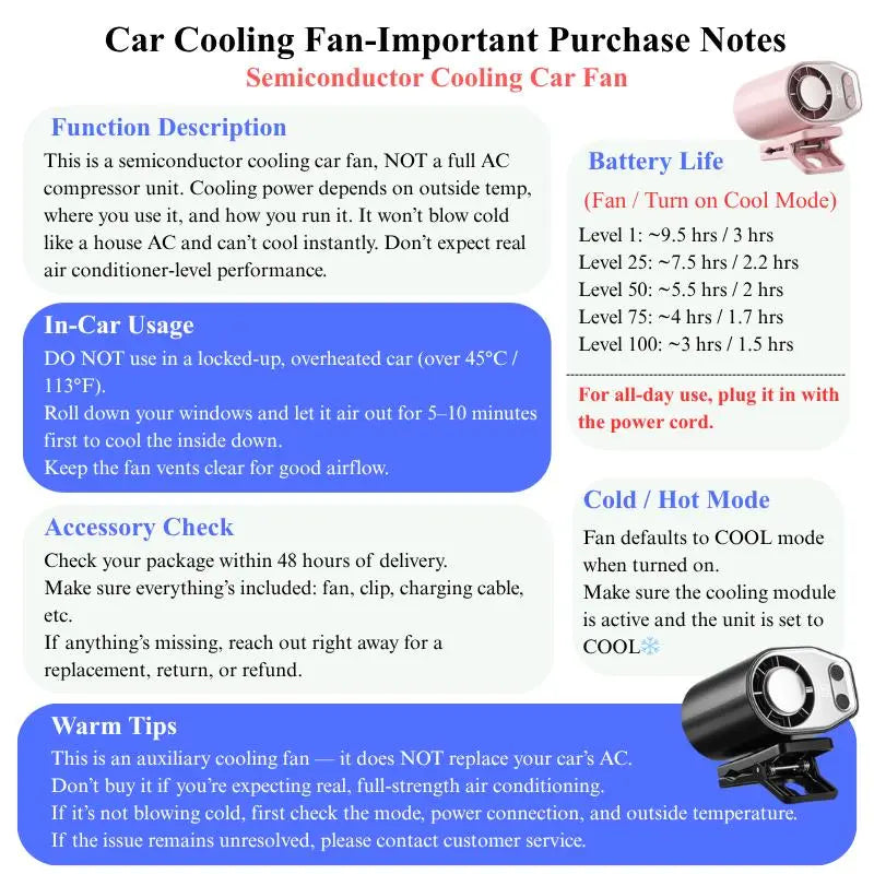 Joytutus 2026 Semiconductor Cooling Car Clip-On Fan - 360° Rotation, 100 Adjustable Speeds, LED Display, USB Rechargeable, Wide Clamp, 20-Hour Battery Life, High Velocity Car Seat Fan