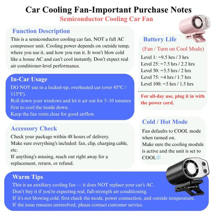 Joytutus 2026 Semiconductor Cooling Car Clip-On Fan - 360° Rotation, 100 Adjustable Speeds, LED Display, USB Rechargeable, Wide Clamp, 20-Hour Battery Life, High Velocity Car Seat Fan