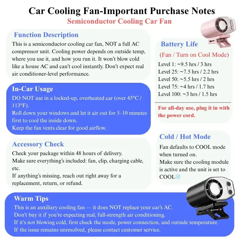 【Summer Survivals】Joytutus 2026 Semiconductor Cooling Car Clip on Fan with LED Display - 360° Rotation, 100 Speeds Adjustable, USB Rechargeable Personal Cooling Fan, 16℃ Semi-Cooling Wide Clamp 20Hr Battery 3000Mah Battery