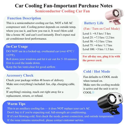 【Summer Survivals】Joytutus 2026 Semiconductor Cooling Car Clip on Fan with LED Display - 360° Rotation, 100 Speeds Adjustable, USB Rechargeable Personal Cooling Fan, 16℃ Semi-Cooling Wide Clamp 20Hr Battery 3000Mah Battery