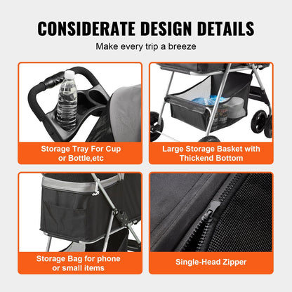 VEVOR Pet Stroller, 4 Wheels Dog Stroller Rotate With Brakes, 35lbs Weight Capacity, Puppy Stroller With Detachable Carrier, Storage Basket And Cup Holder, For Dogs Travel, Black Dark Grey