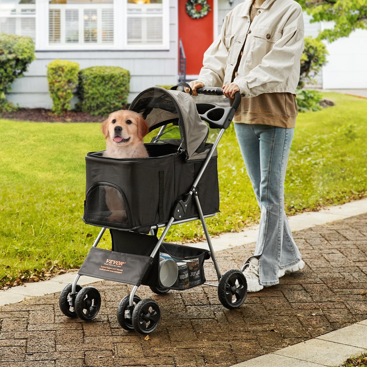 VEVOR Pet Stroller, 4 Wheels Dog Stroller Rotate With Brakes, 35lbs Weight Capacity, Puppy Stroller With Detachable Carrier, Storage Basket And Cup Holder, For Dogs Travel, Black Dark Grey