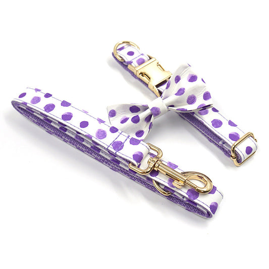 Wind Purple Polka Dot Dog Collar Leash Bow Set